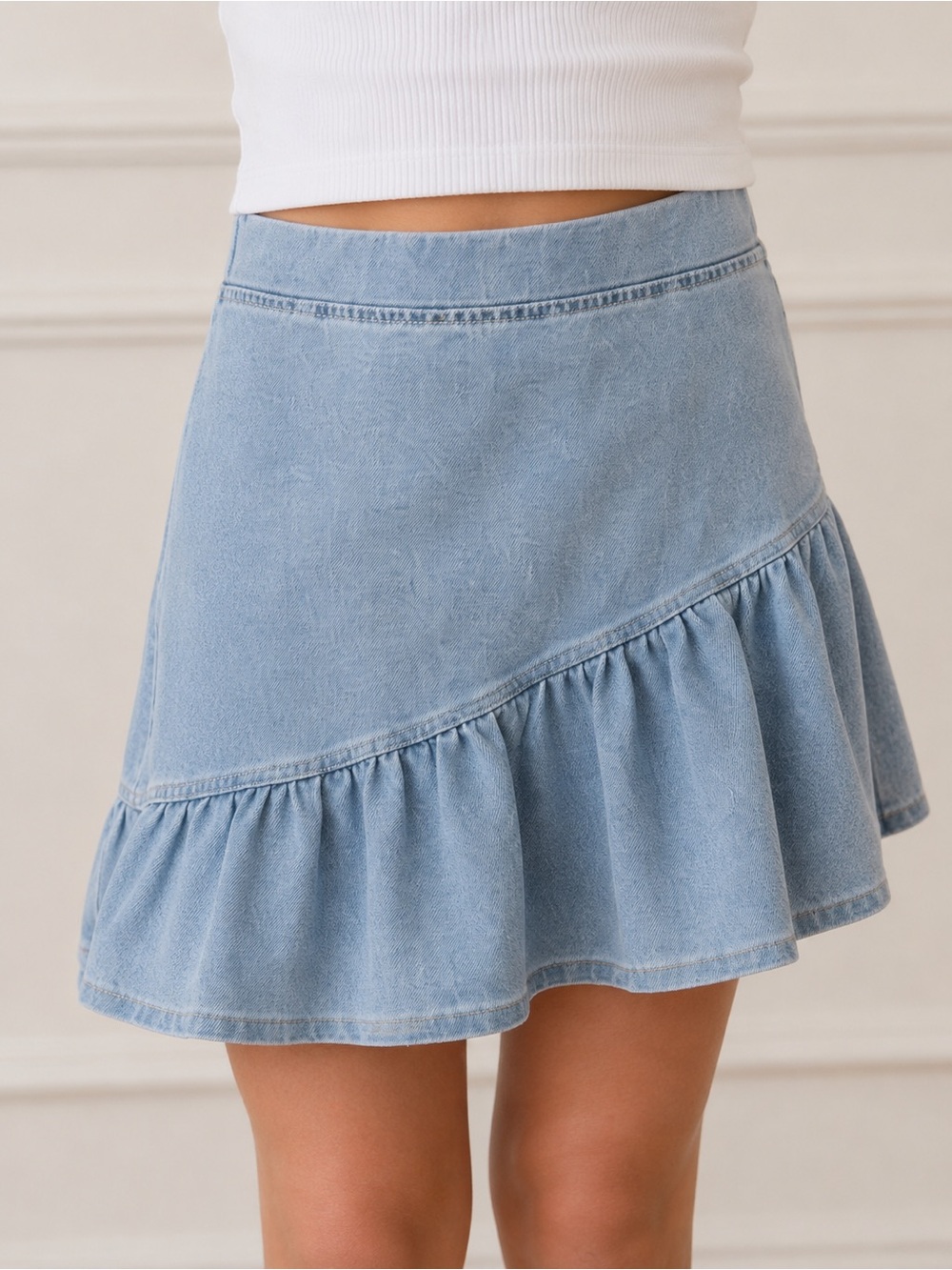 H&M Girls Light Wash Denim Ruffle Skirt Size 8/10
